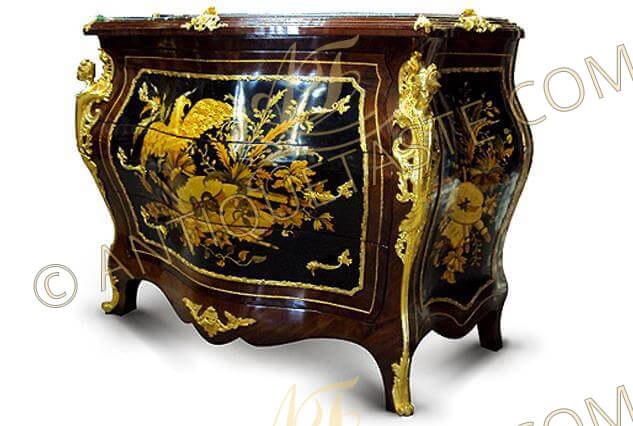 A unique French Louis XV style gilt-ormolu-mounted marquetry inlaid serpentine shape bombé chest of drawers, The serpentine shaped marble topped inset within a beveled frieze adorned with ormolu foliate pierced clasps on corners and center, above three drawers within a wide ormolu trim surrounded with another outer delicate strip and have foliate ormolu handles, The drawers are inlaid with exquisite marquetry woodworks of hunt and entertainment representing an eagle, hat, musical tools, leaves and branches, the sides has a similar marquetry design within ormolu borders, On each corner a beautifully crafted ormolu figurines of male and female on scrolls and pierced works extended with an ormolu band to the ormolu acanthus turned sabots covering the splayed legs, with fine foliate ormolu mount decorating the lower scalloped apron
